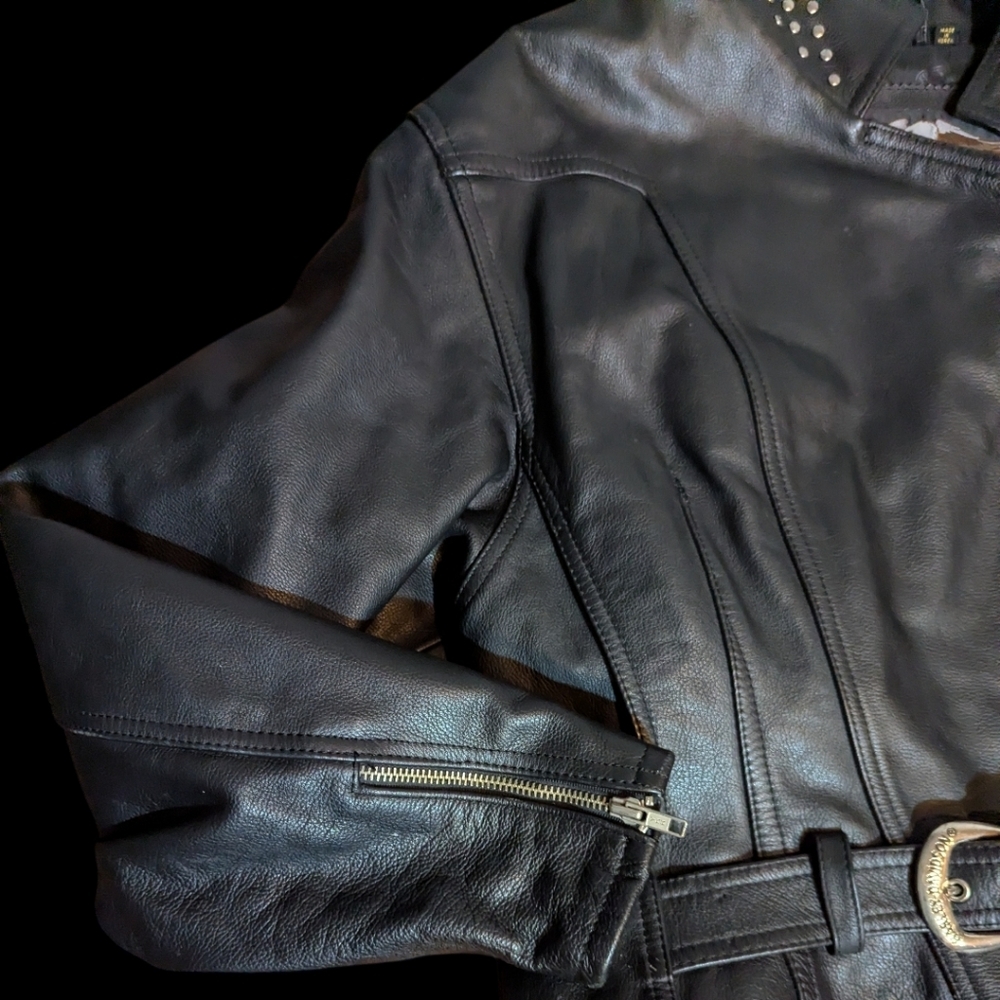 Vtg Harley Davidson Black Leather Jacket Studded Detailing Zippers Moto Sz L - Picture 11 of 14